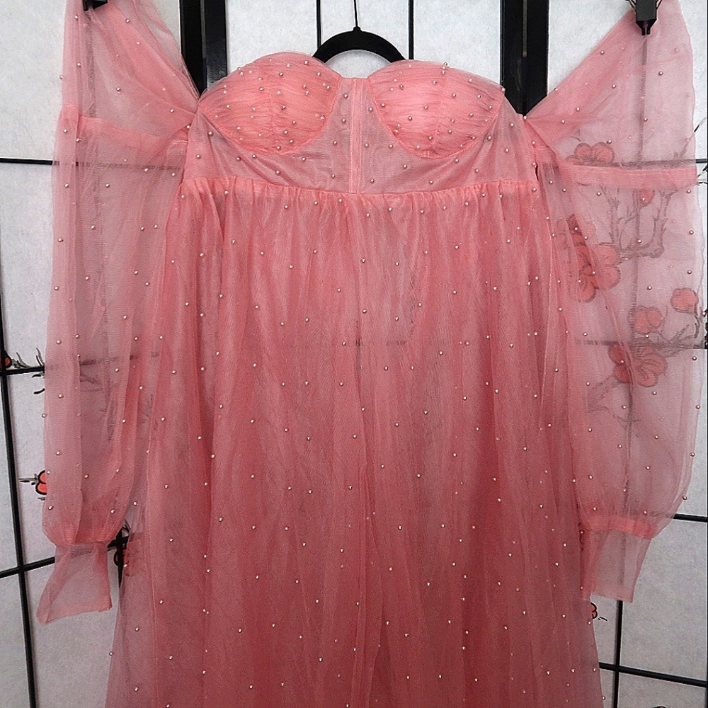 Pink Sheer Pearl-Embellished Off-Shoulder Dress